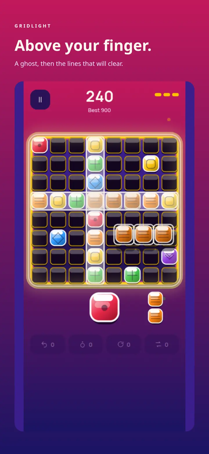 A Gridlight placement preview highlighting the lines that would clear