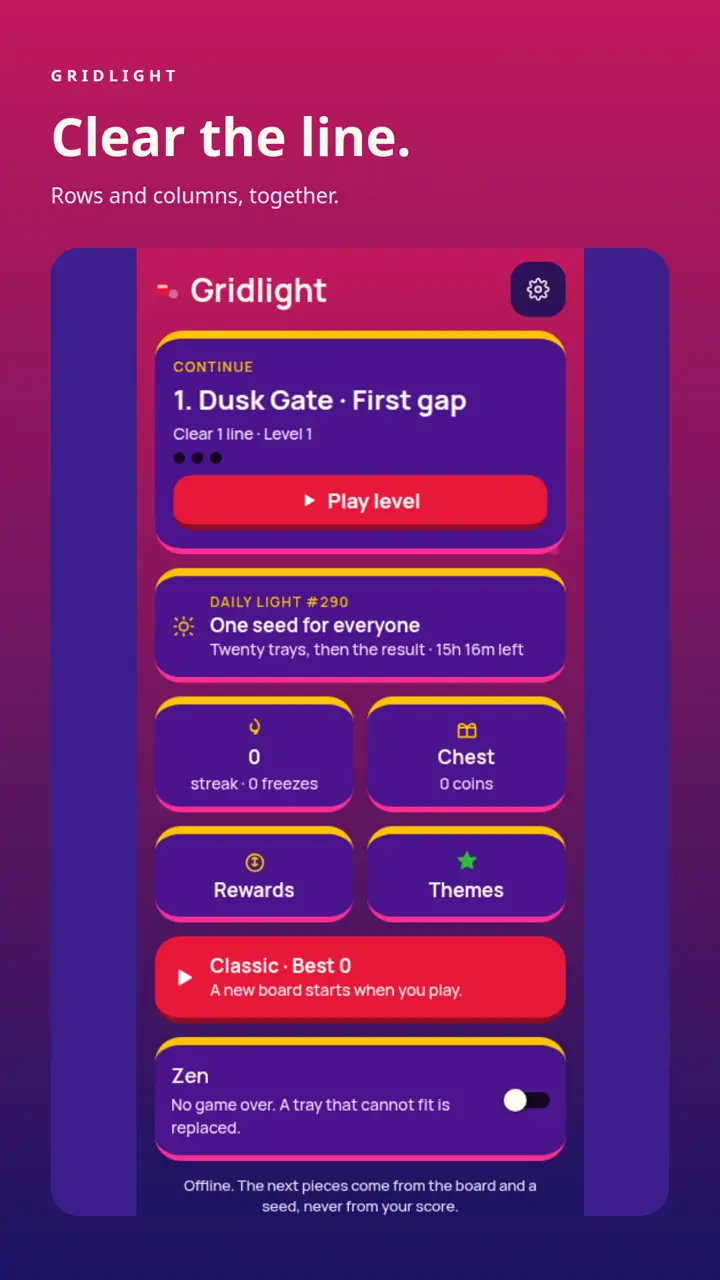 Gridlight home screen showing Daily Light, classic, zen, and offline copy