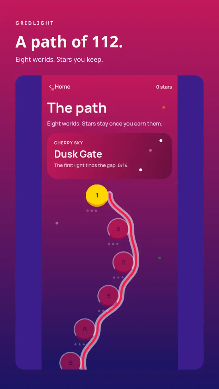 The Gridlight level path, eight worlds and 112 levels, starting at Dusk Gate